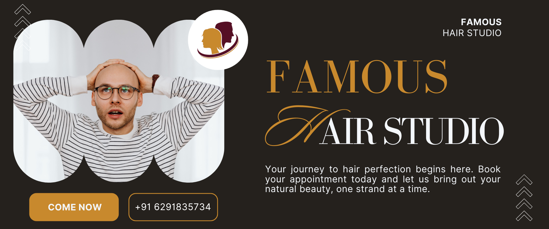 Famous Hair Studio logo and branding with tagline: Your journey to hair perfection begins here. Book your appointment today and let us enhance your natural beauty, one strand at a time.